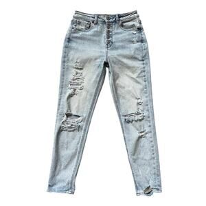 American Eagle High-Waisted Distressed Mom Jeans | 0 Regular, Button Fly, Light